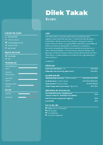 Eczacı CV Örnekleri cv indir